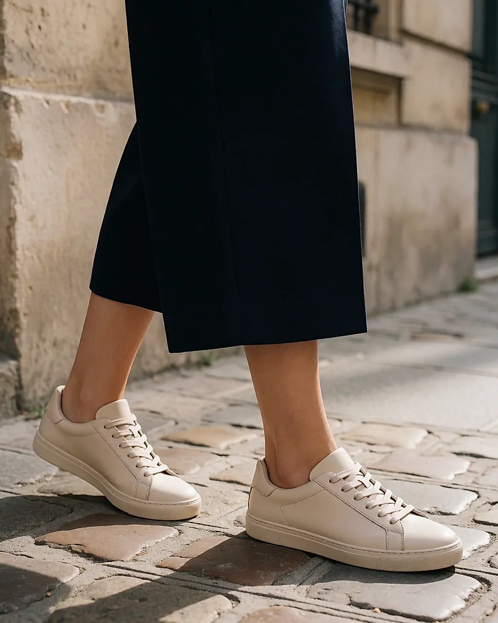 Slim smooth-leather trainers worn with a wide-leg playsuit on cobbles