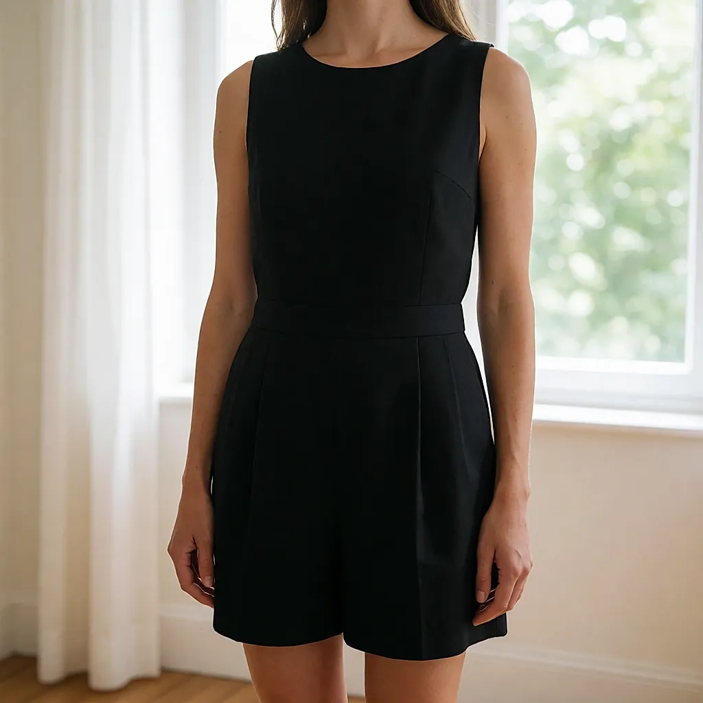 Belted black cotton playsuit worn in the street on a summer morning