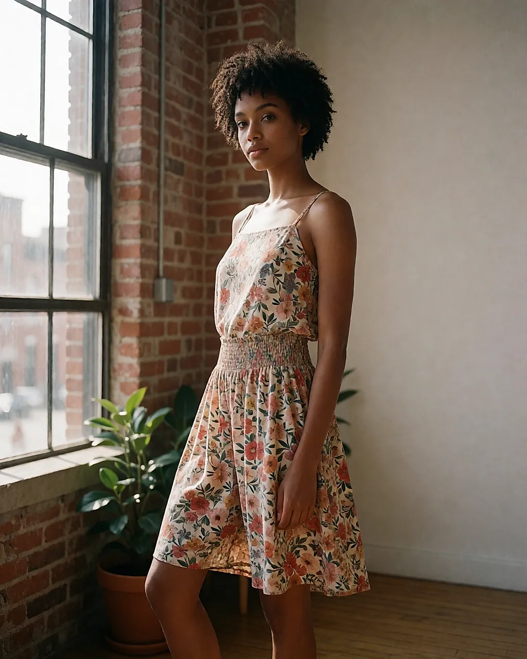 Printed wide-leg playsuit, seen in profile by a window