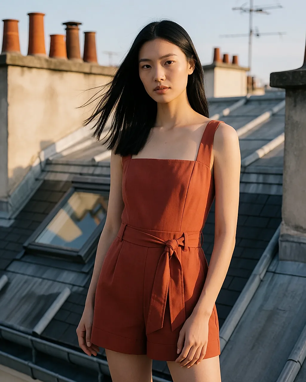 Terracotta bandeau playsuit worn on a terrace at the end of the day