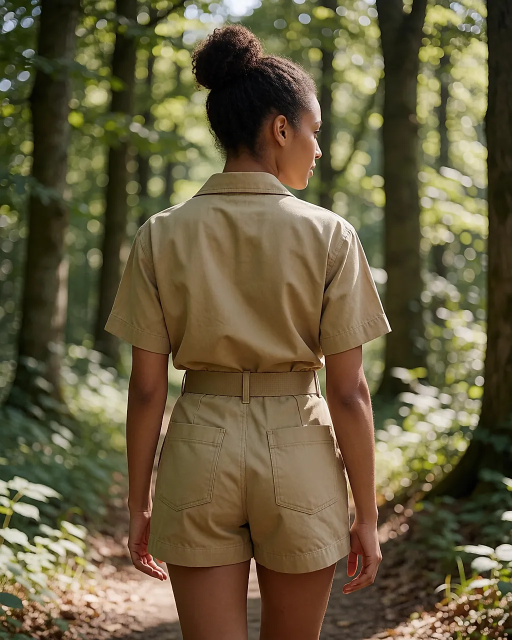 Cotton playsuit with a webbing belt, worn on a forest path