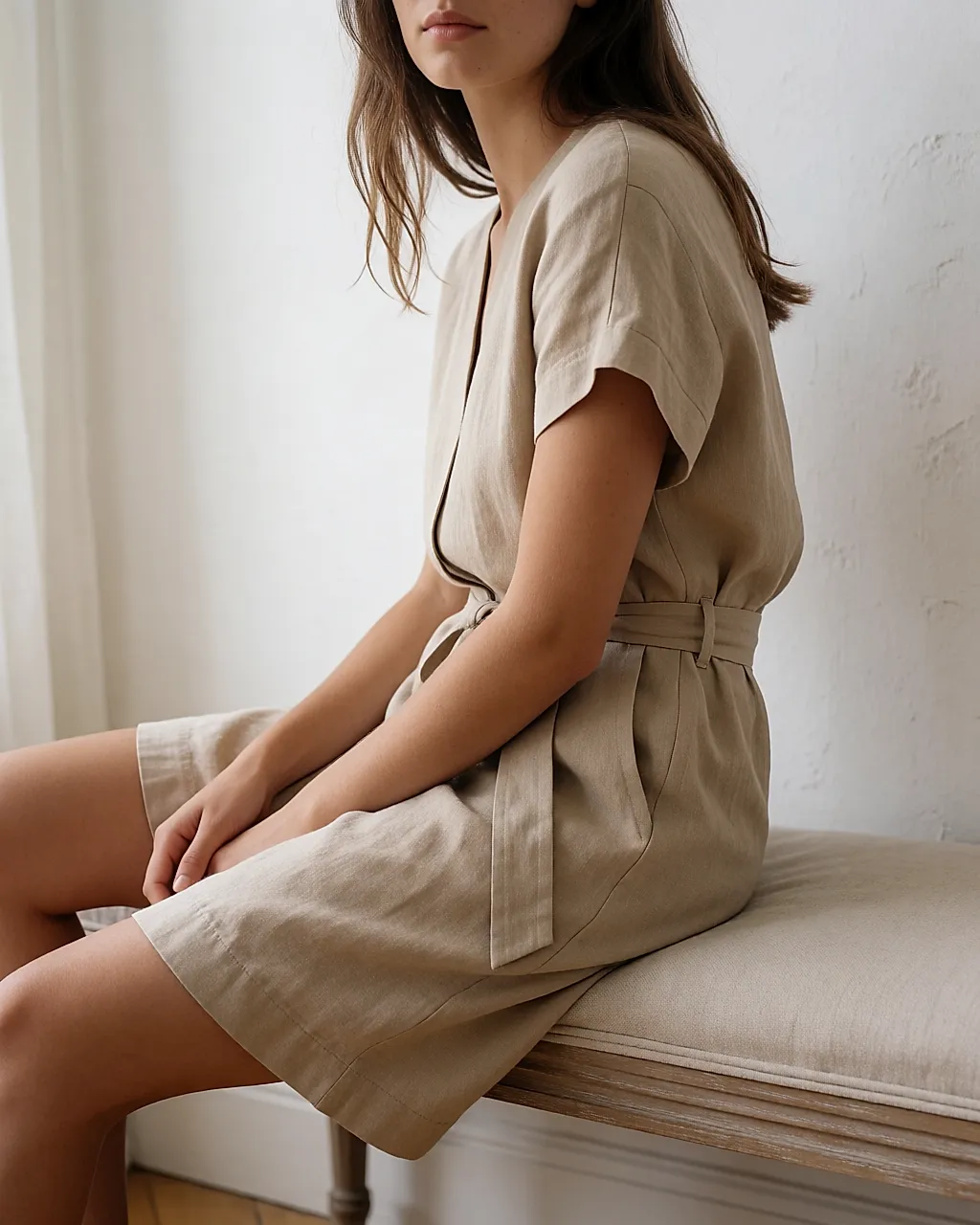 The drape of a sand-coloured linen-viscose playsuit, seated on a linen bench