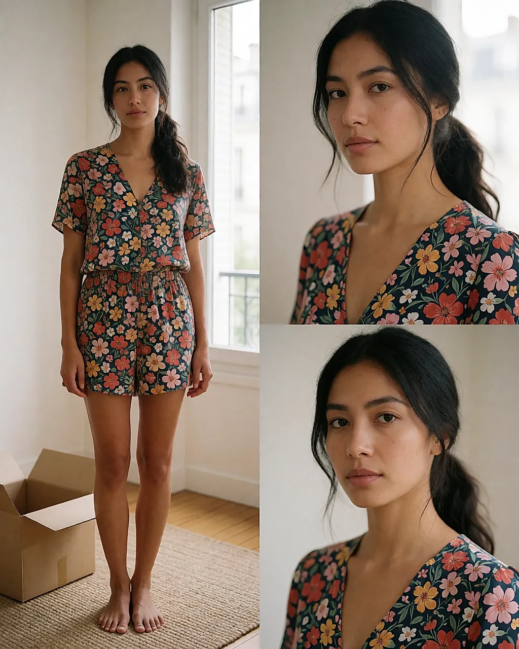 Printed viscose playsuit worn in a flat, an opened parcel on the floor