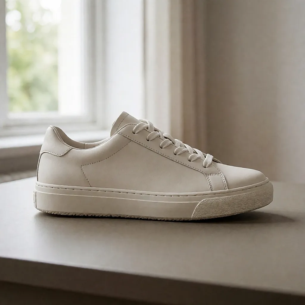 Product photo inspired by smooth leather trainers (women's low-top with a lightly cushioned sole)
