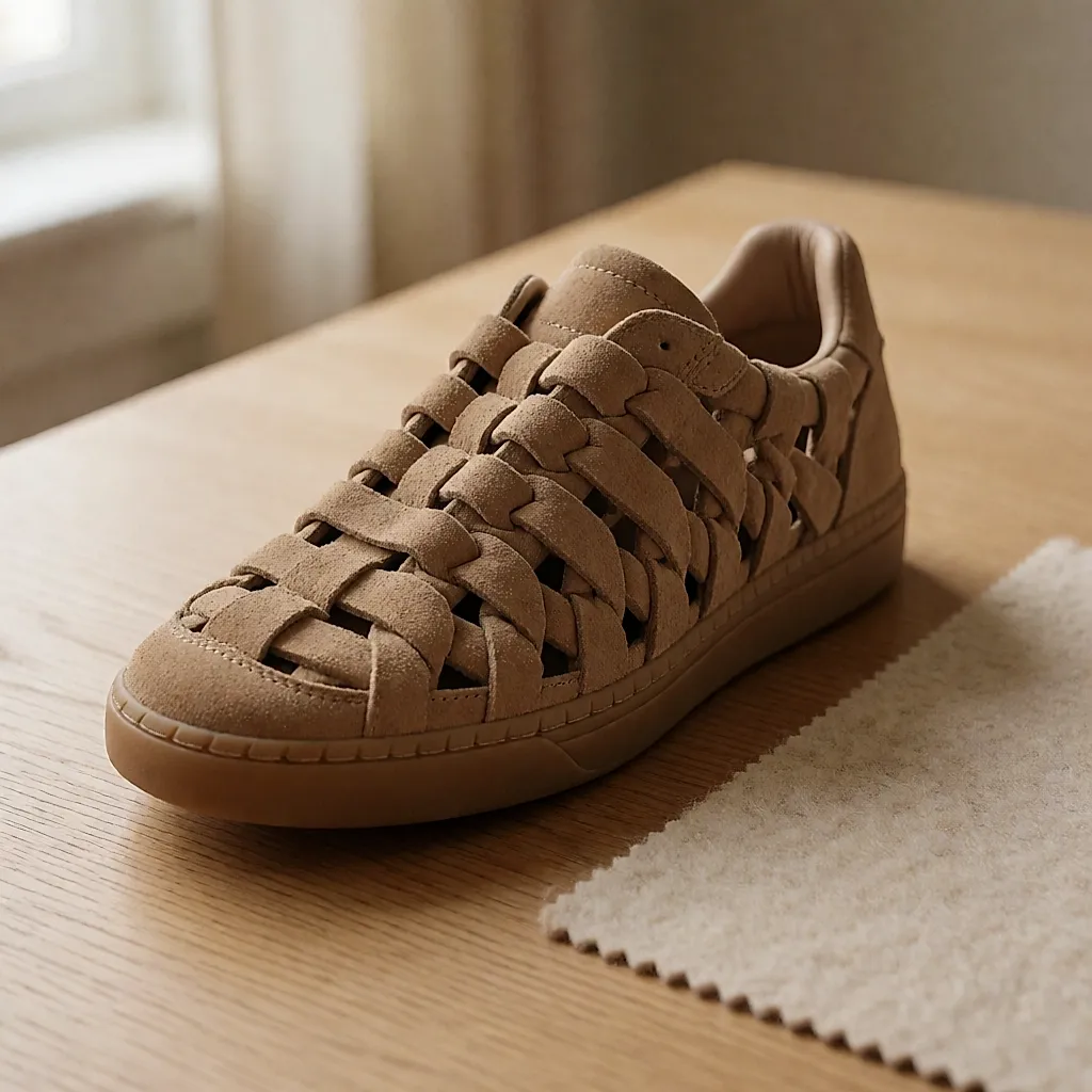 Détail de la trame ajourée d’une basket en lanières de suède caramel