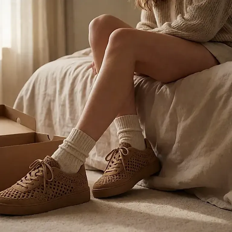 Basket en suède crocheté : la texture automnale qui remplace la basket blanche