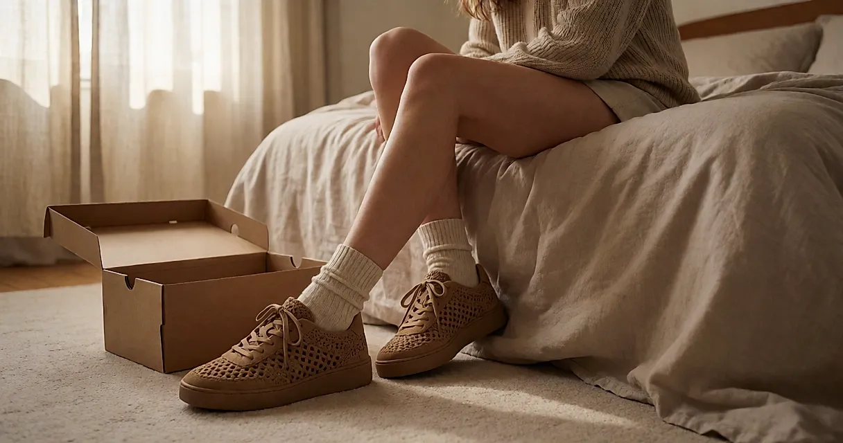 Basket en suède crocheté : la texture automnale qui remplace la basket blanche