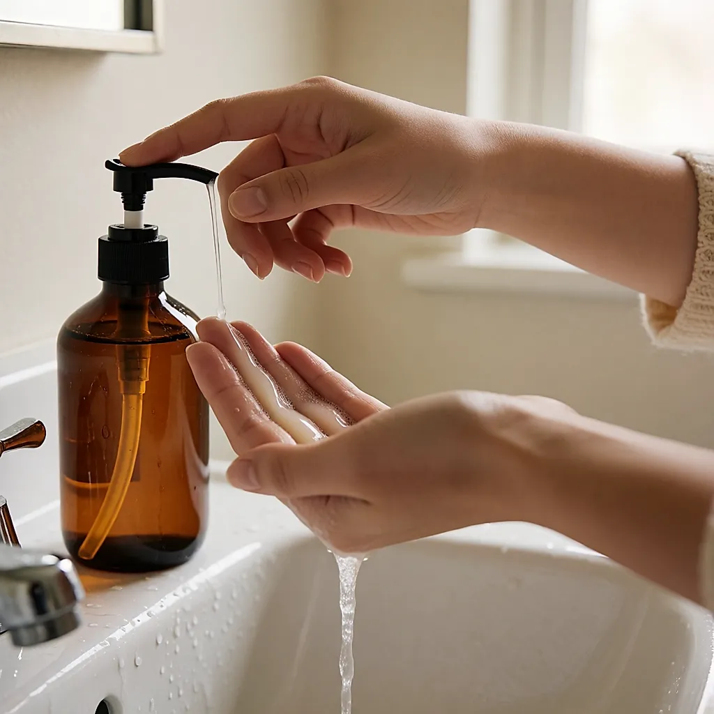 Due mani versano una dose di shampoo nel palmo, sopra il lavabo