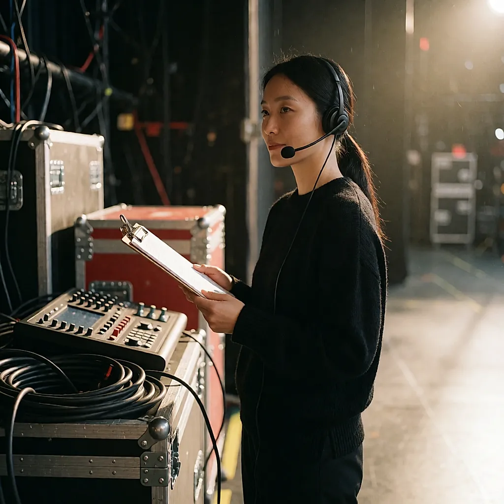 Une régisseuse casque sur les oreilles, planche en main, dans les coulisses d'un défilé