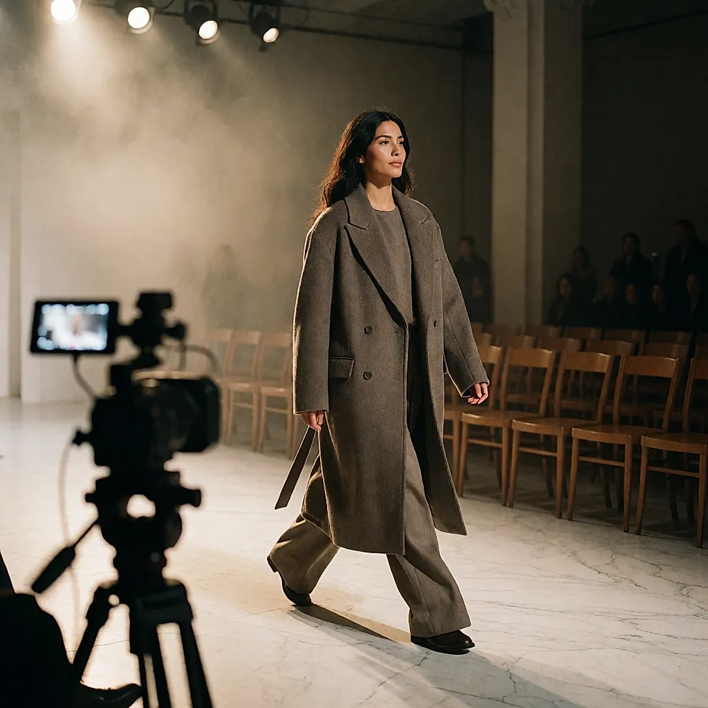 Une silhouette en manteau filmée sur le podium, cadrée par une caméra sur pied
