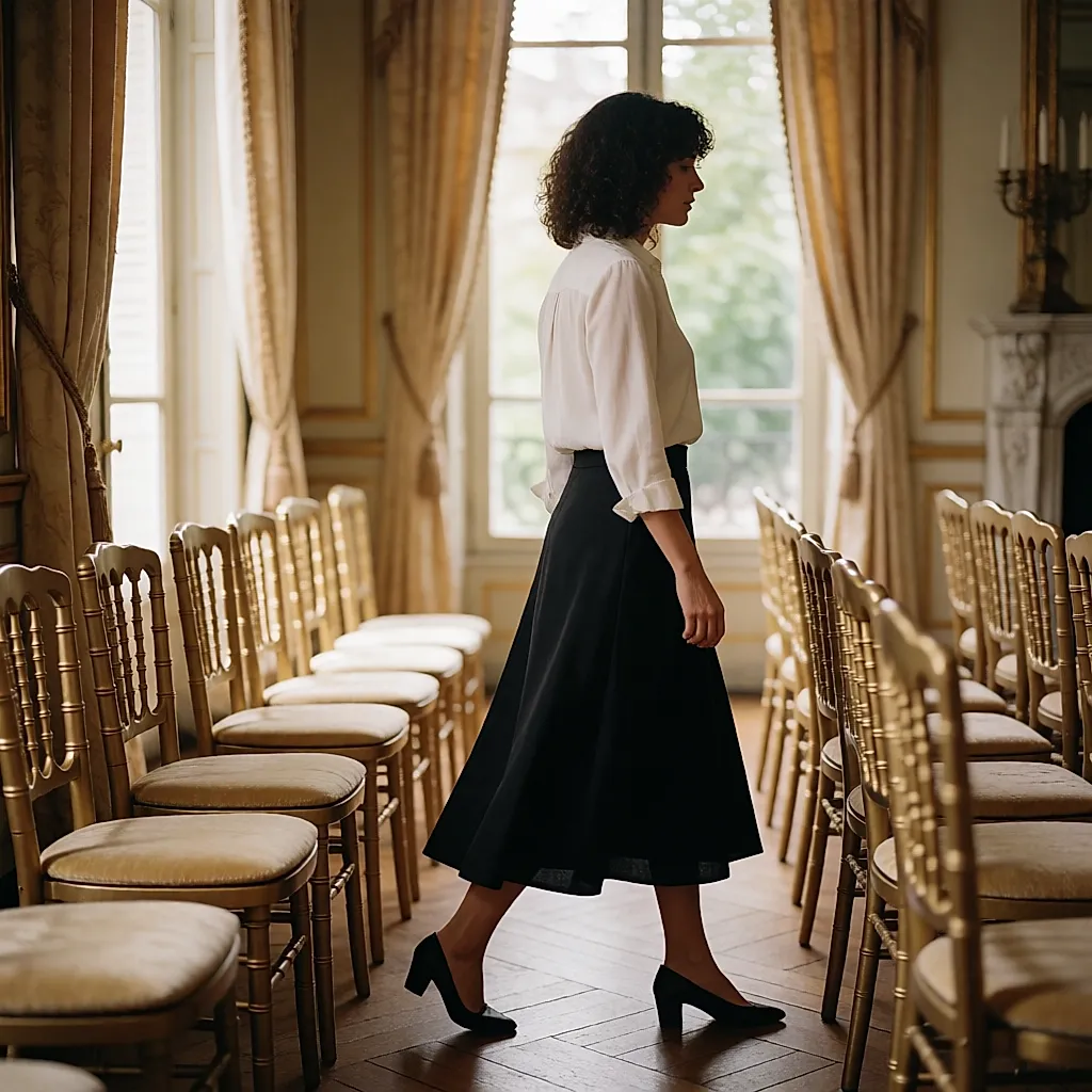 Uma mulher atravessa a passo lento um salão parisiense ladeado de cadeiras douradas vazias