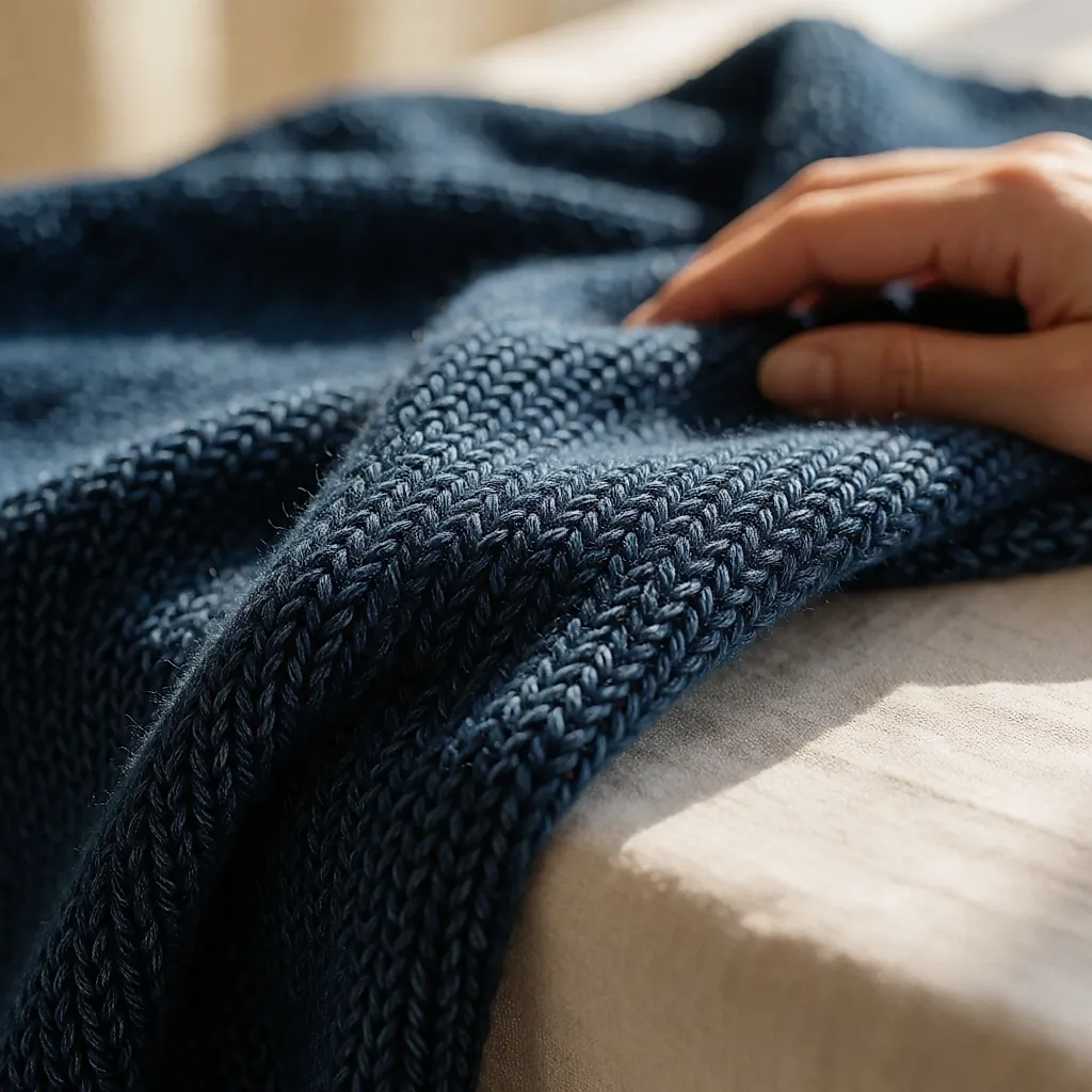 Gros plan sur la structure bouclée d'une maille denim teintée indigo