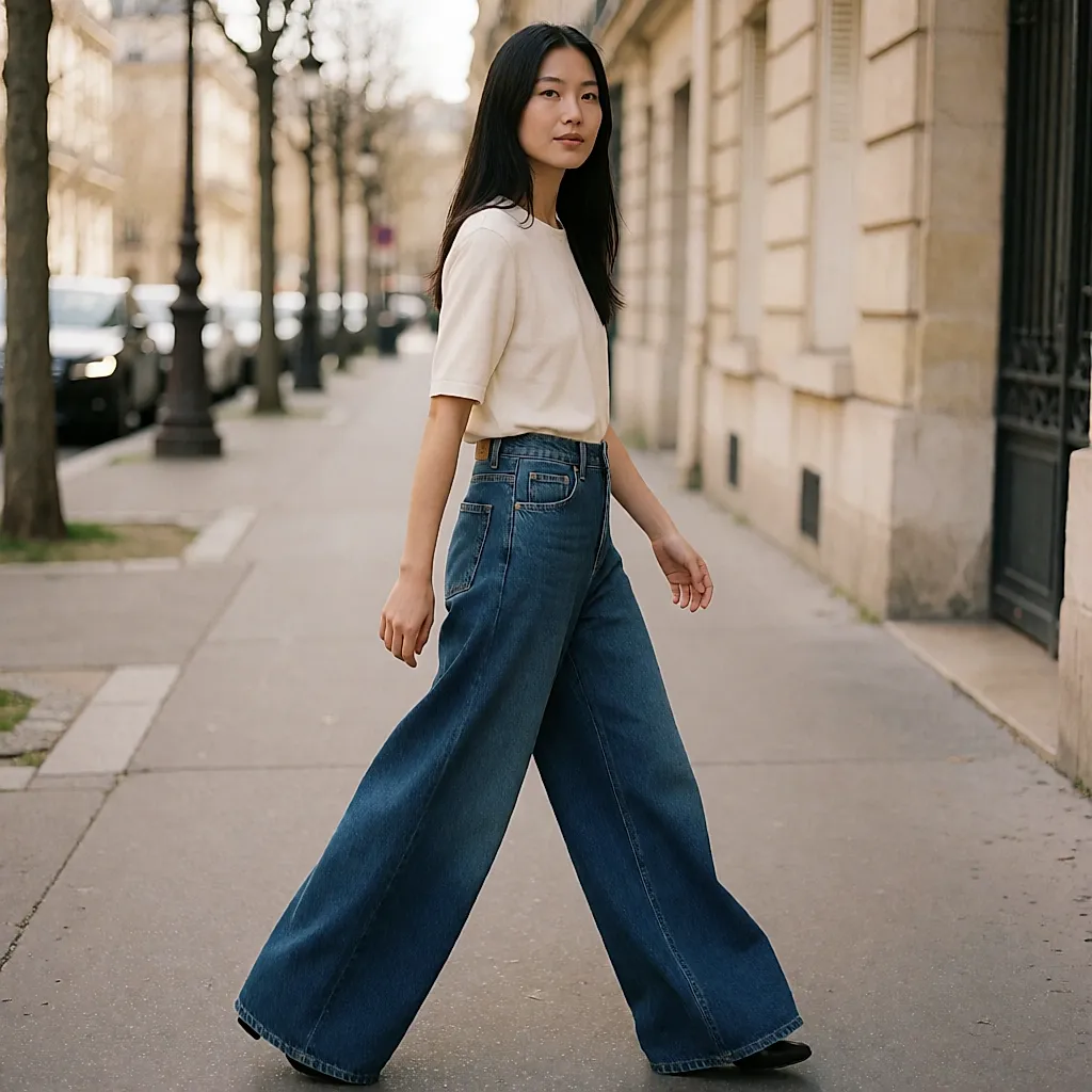 Une femme marche en jean denim tricoté à jambe large au tombé fluide
