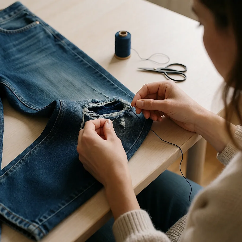 Réparation au fil indigo d'un genou usé sur un jean en maille denim