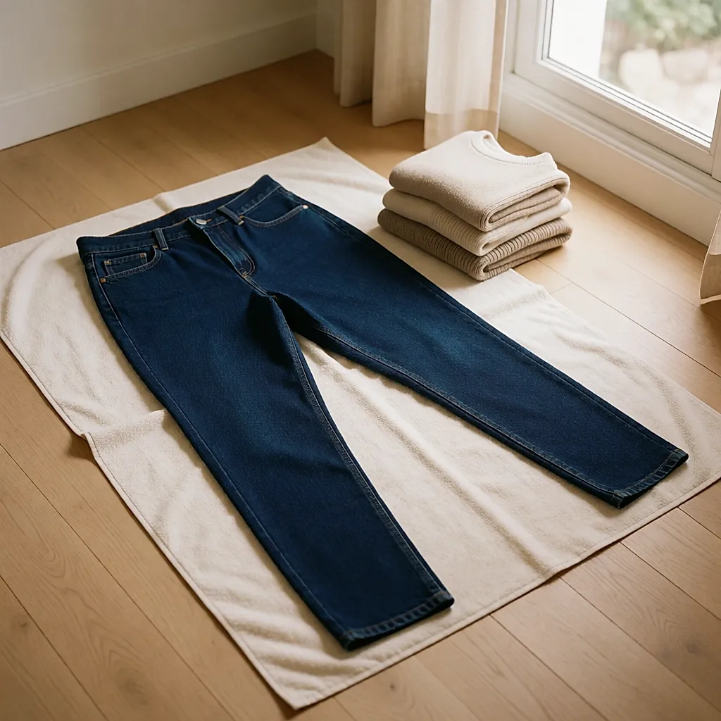 Jean en maille denim mis à sécher à plat sur une serviette claire