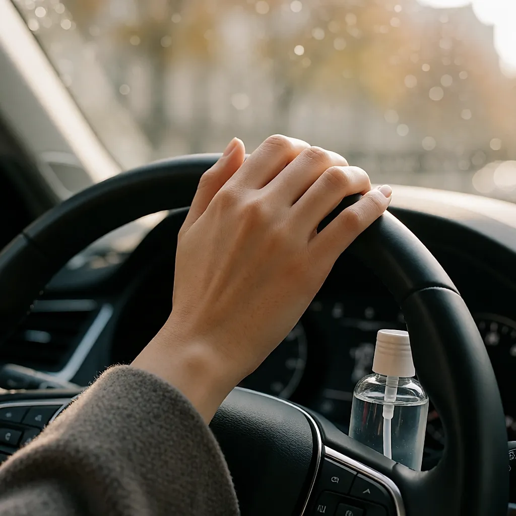 Une main posée sur un volant, dos exposé au froid, avec un gel hydroalcoolique dans le porte-gobelet