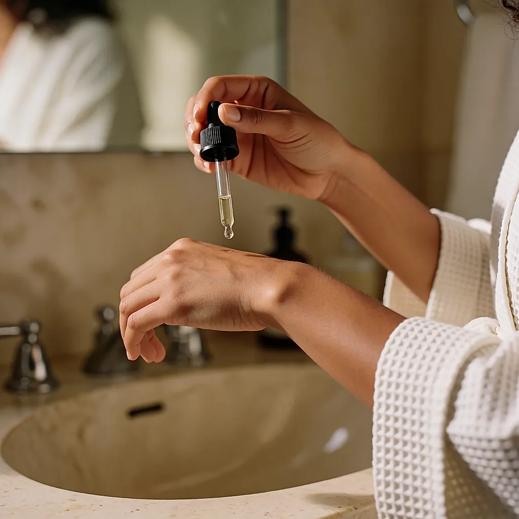 Un sérum visage dont le surplus est déposé sur le dos de la main, dans une salle de bain