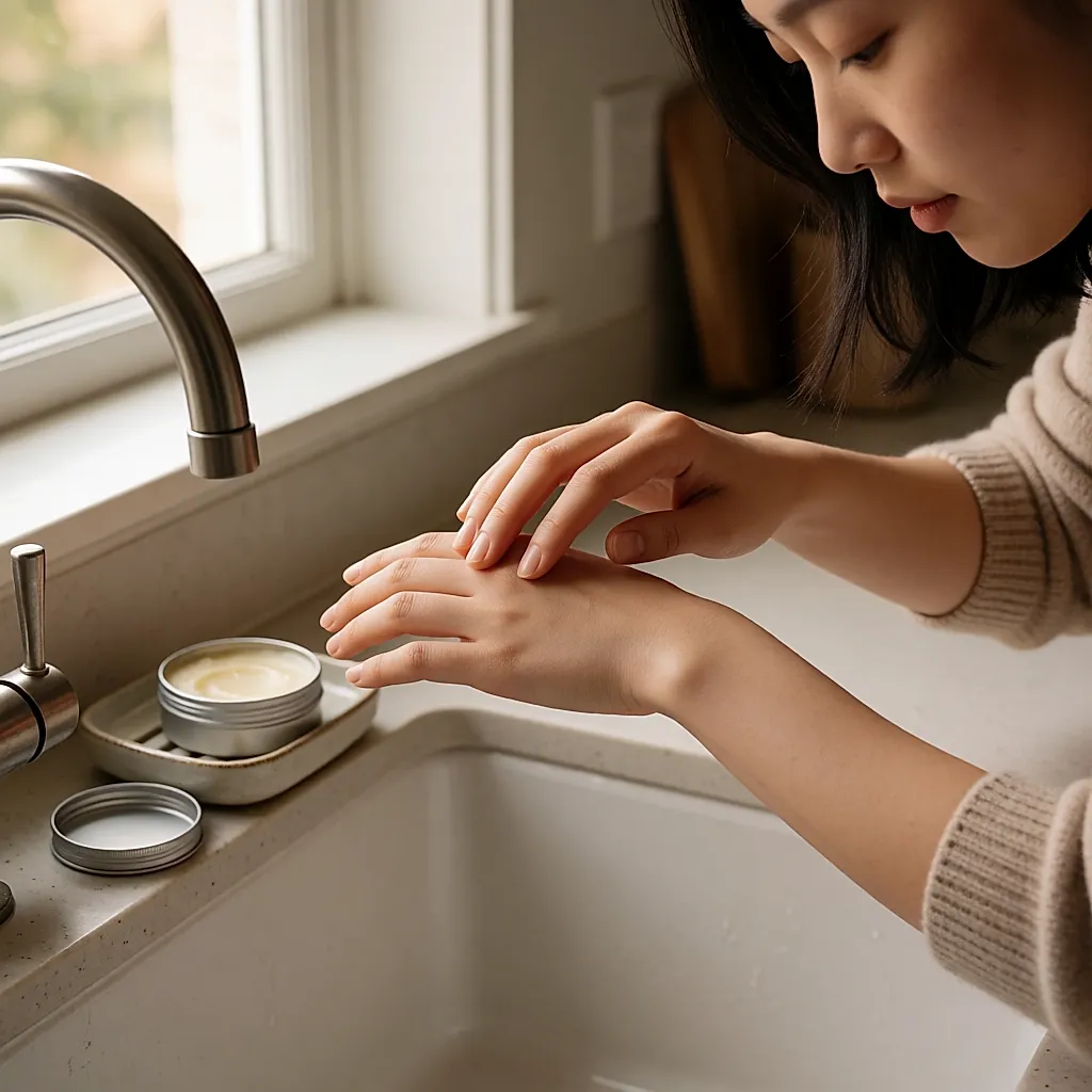 Des mains qui massent une noisette de baume sur le dos de l'autre main, près du savon
