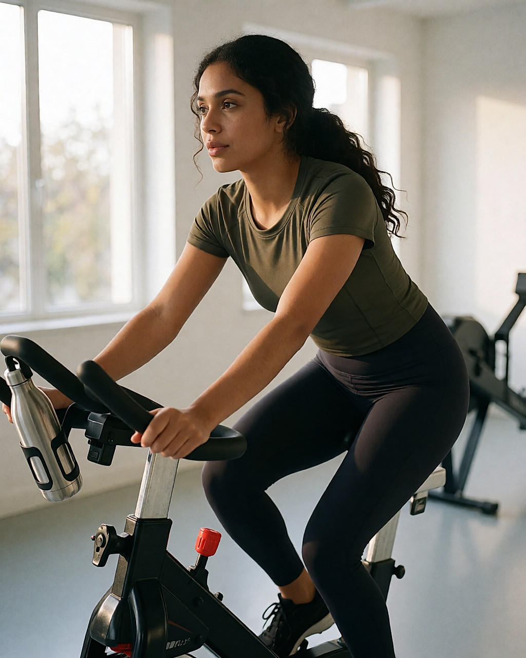 Jeune femme pédalant sur un vélo d'intérieur dans une salle de sport baignée de lumière