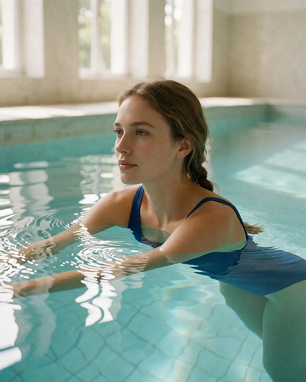 Junge Frau schwimmt langsam in einem hellen Innenbecken, den Kopf über Wasser