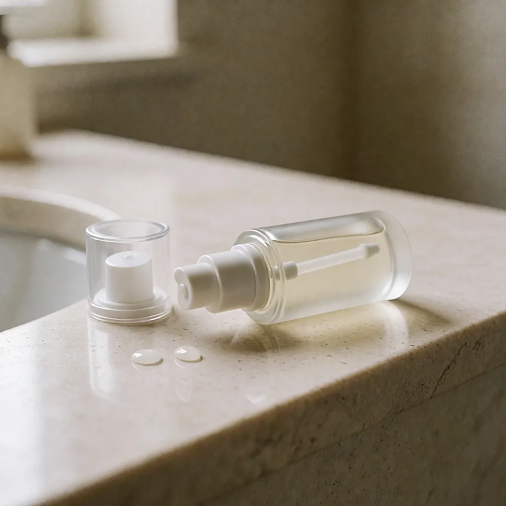 Le mécanisme d'une pompe airless démonté sur un rebord de salle de bain