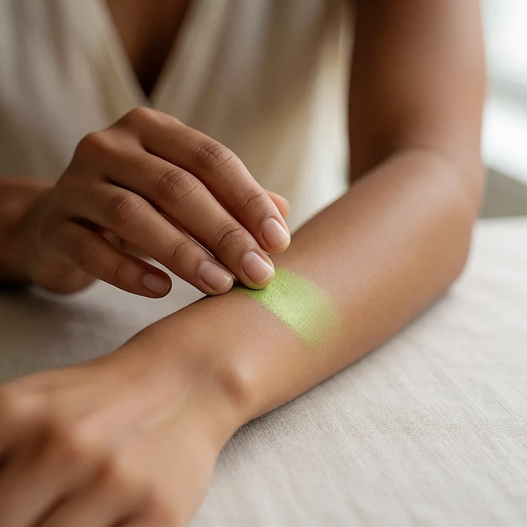 Pigment vert fluo tapoté sur l'avant-bras, la teinte s'adoucit sur la peau