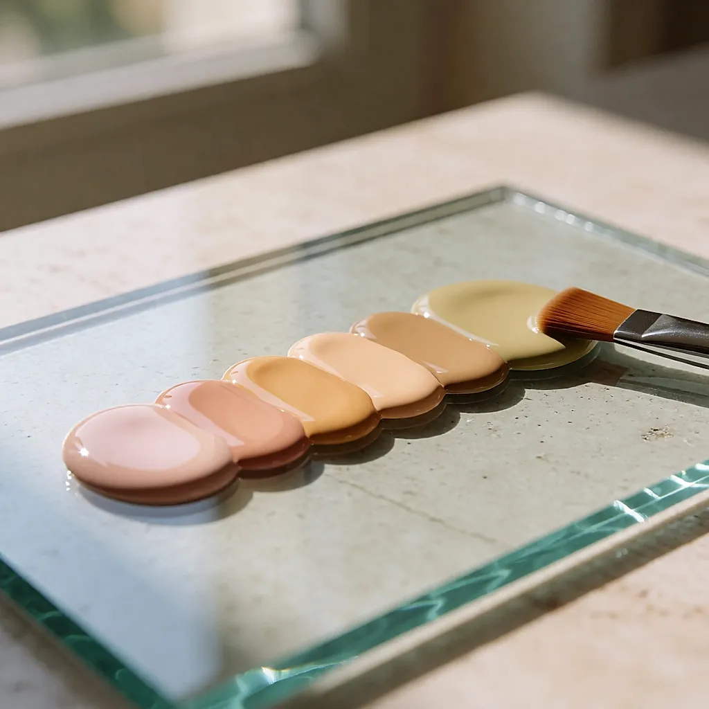 Une rangée de gouttes de fond de teint, du rose pâle à l'olive, en dégradé de sous-tons sur du verre