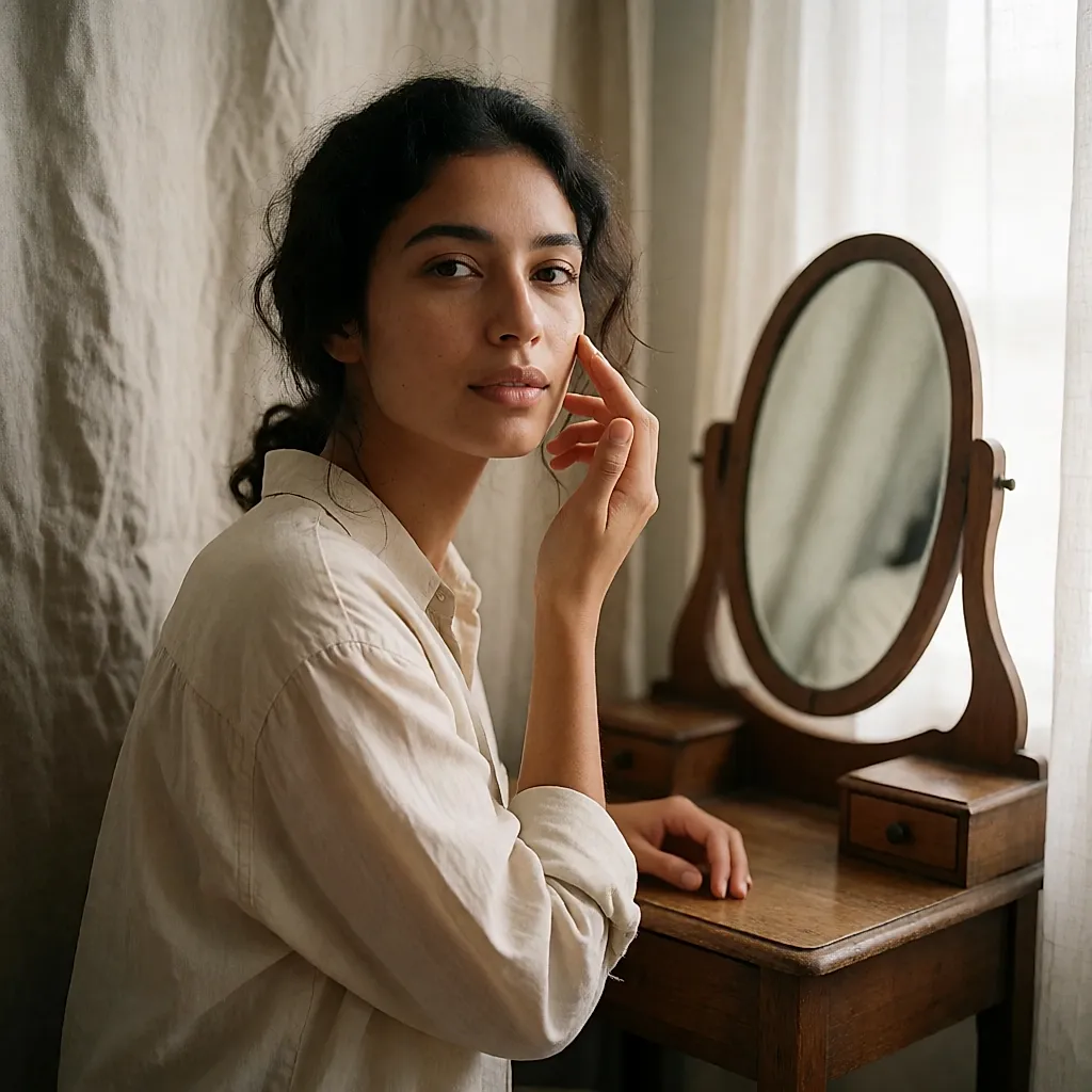 Une jeune femme applique son fond de teint du bout des doigts devant sa coiffeuse, lumière du matin