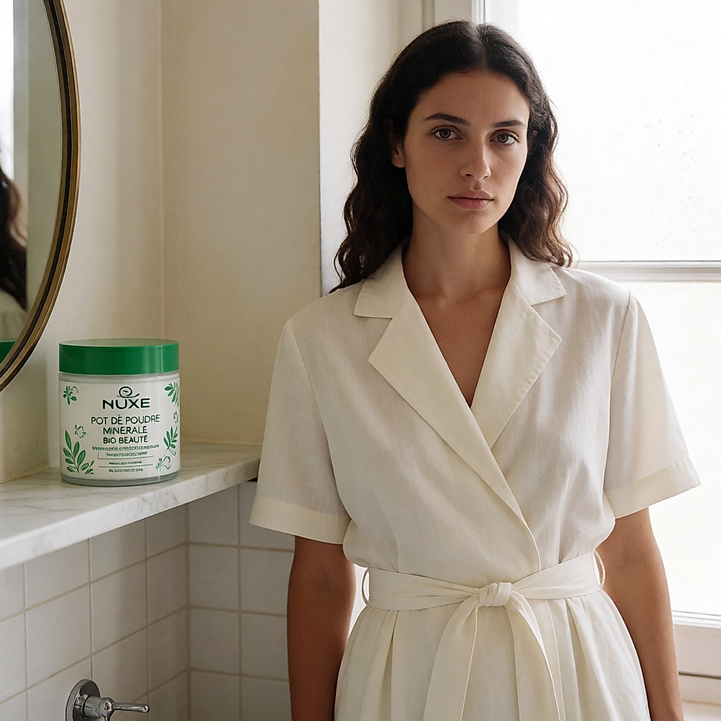 Topf Mineralpuder Nuxe Bio Beauté auf einem Badezimmerregal