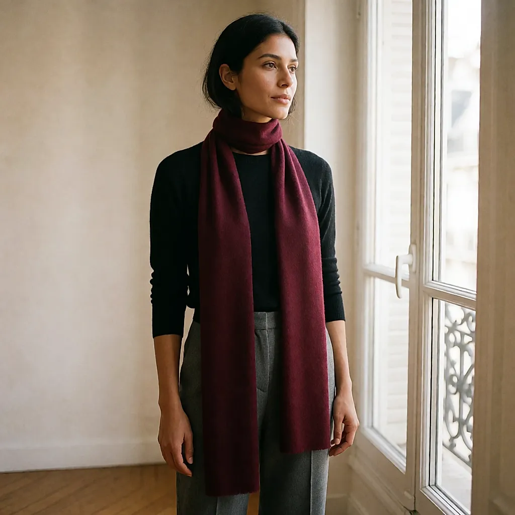Un foulard étroit et long noué lâchement, ses deux pans tombant à la verticale sur une maille fine