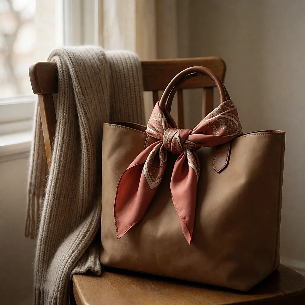 Un foulard fin noué à l'anse d'un cabas en cuir posé sur une chaise, près d'une grosse écharpe en laine