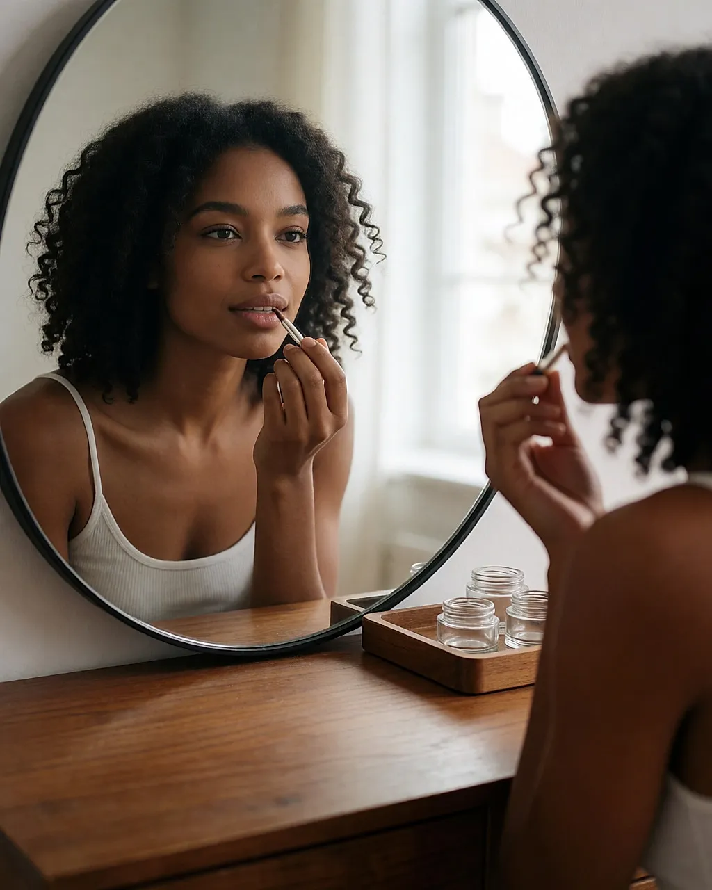Young woman applying gloss to the centre of her lower lip in front of a mirror