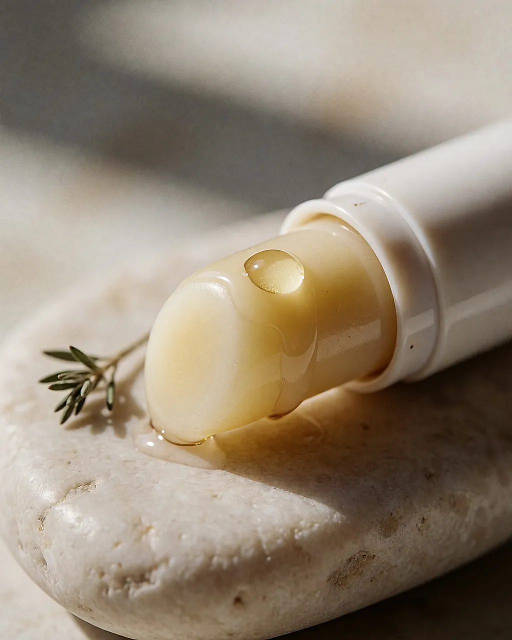 Creamy lip balm on a pale stone, with a drop of golden oil on top