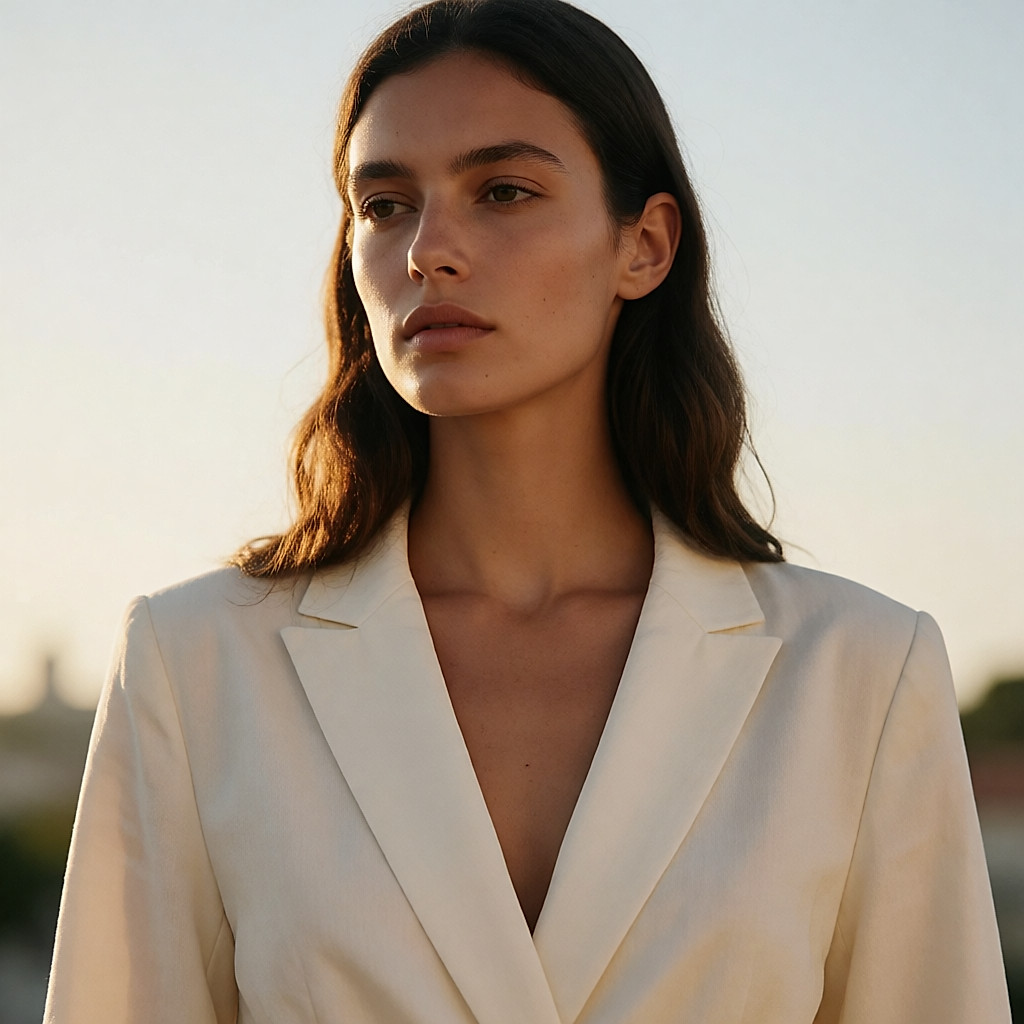 Young woman with pigmented, glossy lips in warm evening light