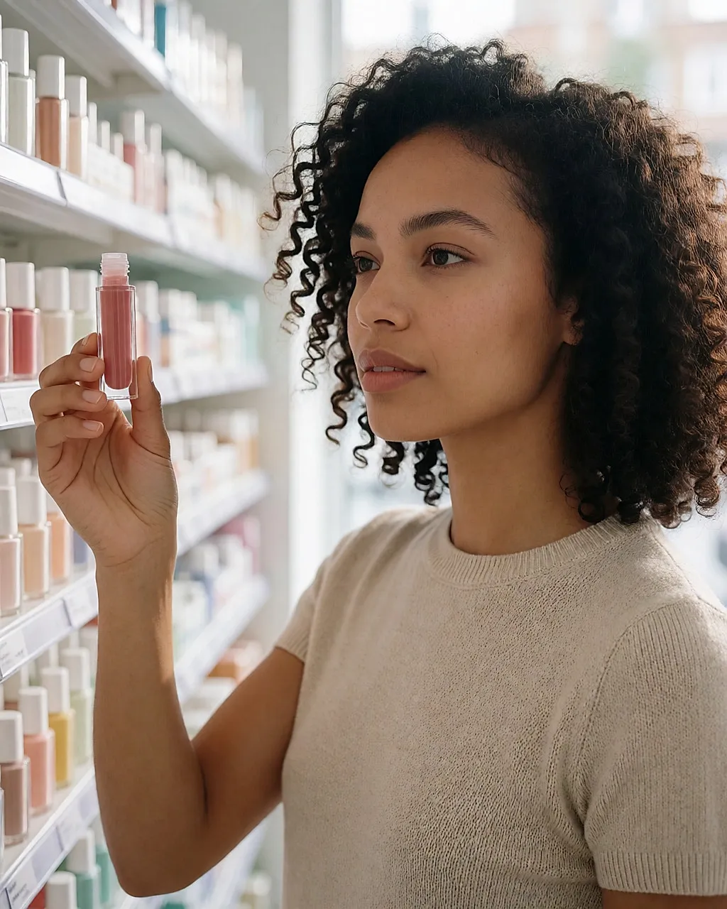 Young woman in a pharmacy, examining a small bottle of gloss in daylight