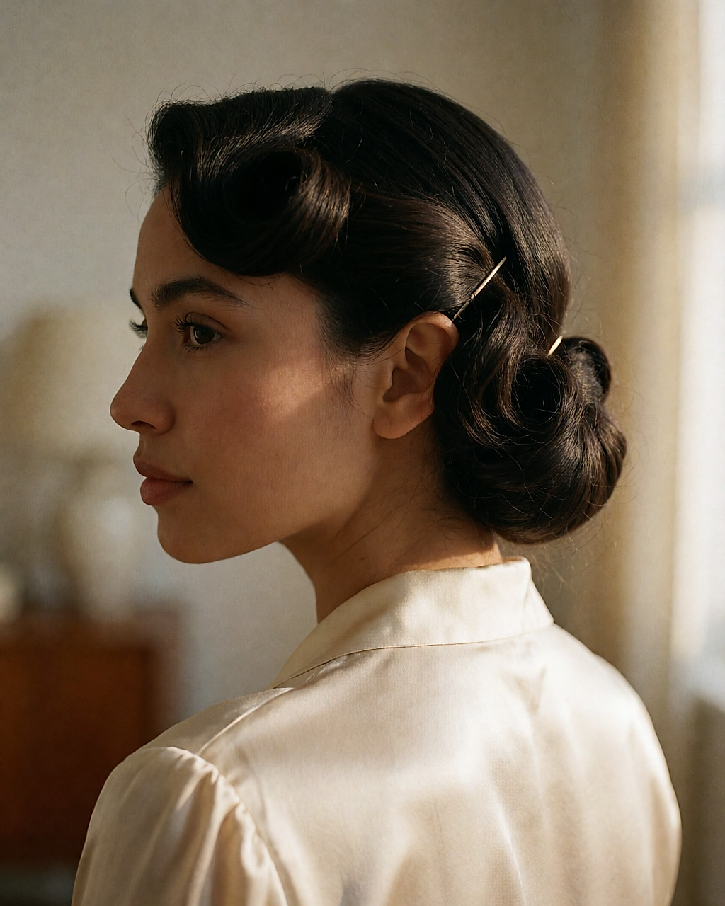 Chignon rétro banane vu de trois-quarts arrière, avec une coque roulée sur le devant