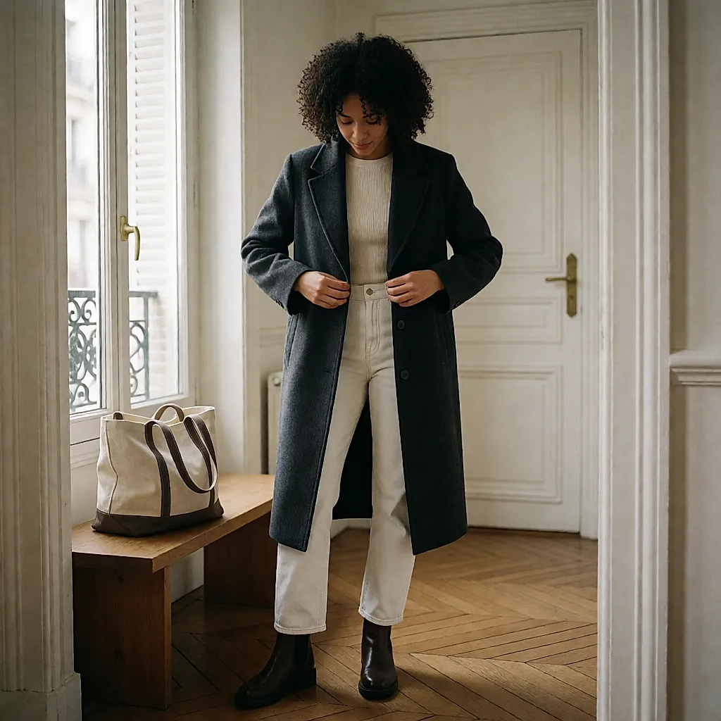 La silhouette claire d'un jean blanc sous un manteau anthracite, dans une entrée d'appartement