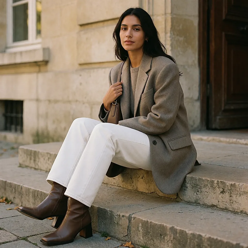 Jean droit blanc et blazer oversize : le tombé net de la toile au-dessus de la botte