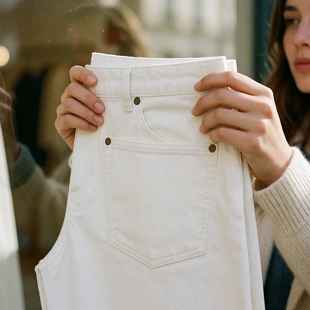 La toile du jean blanc tenue devant la lumière pour juger densité et transparence