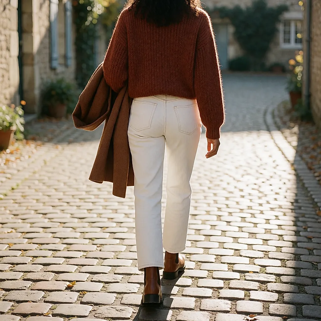 Tenue d'automne complète : maille chaude, jean blanc et bottes, vue de dos dans la rue