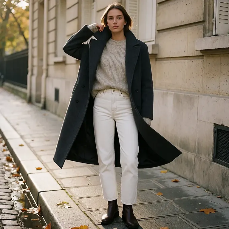 Jeans blancs : la pièce claire qui éclaire un vestiaire d'automne, sous manteau sombre et maille chaude