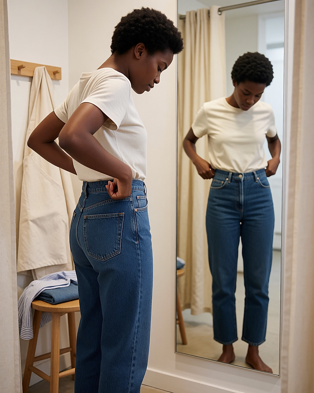 En cabine, une jeune femme vérifie le tombé dans le dos d'un jean brut taille haute