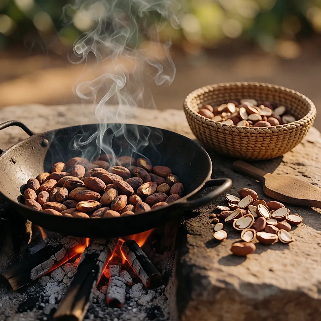 Des noix de karité grillées sur un feu, à l'origine de la note fumée du beurre brut