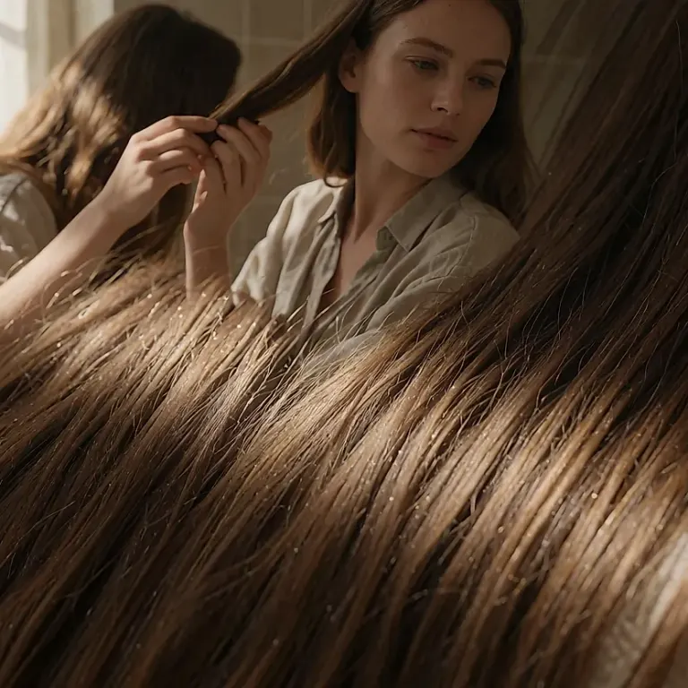 Long, glossy hair seen from behind after an at-home lasting straightening treatment