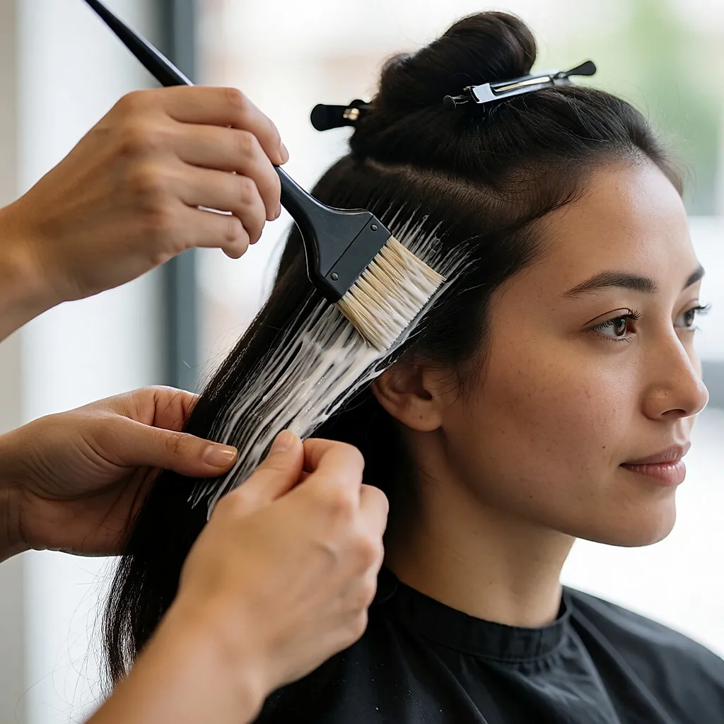 A stylist brushing straightening solution onto a section of hair