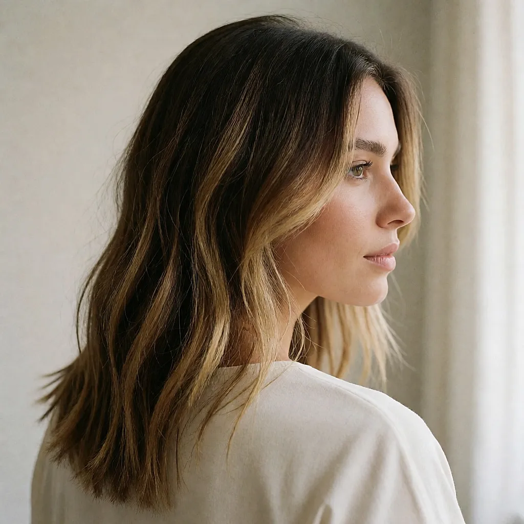 Brown hair with blonde highlights, dry ends and visible regrowth