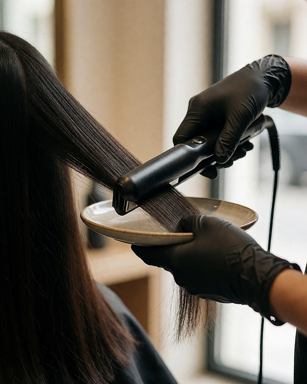 Mèche de cheveux asiatiques lissée au fer par une coiffeuse, gros plan en salon
