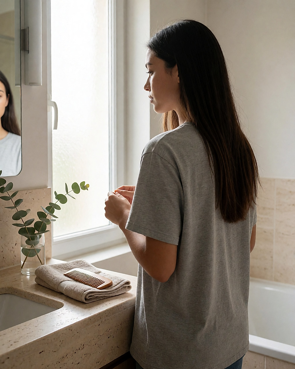 Jeune femme métissée de dos, cheveux lisses qui sèchent à l'air libre dans une salle de bain