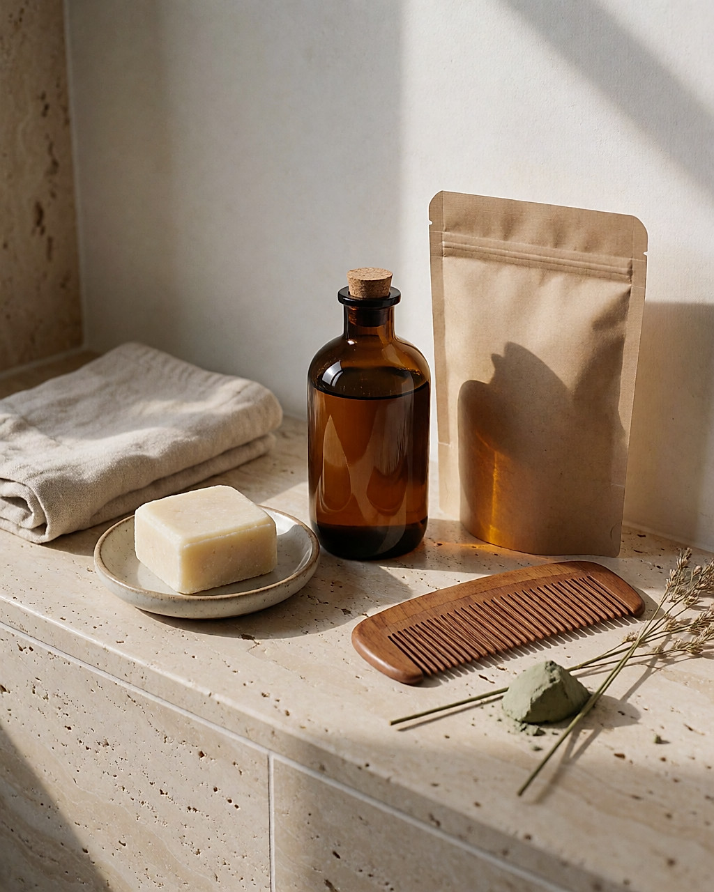 Shampooing solide, masque en verre rechargeable et peigne en bois posés sur une étagère de salle de bain