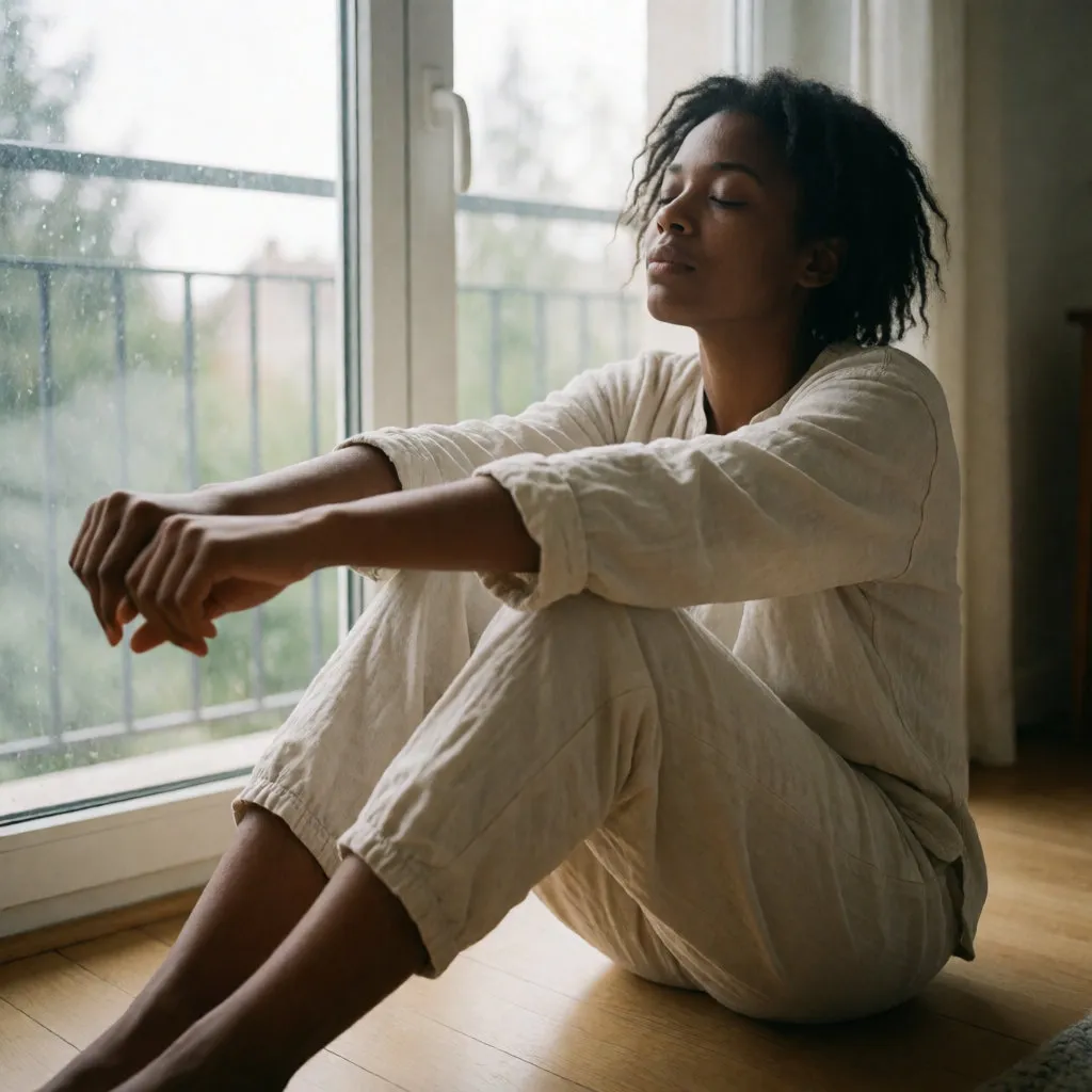 A young Black woman sitting on the floor by a window, stretching gently on waking in the morning light